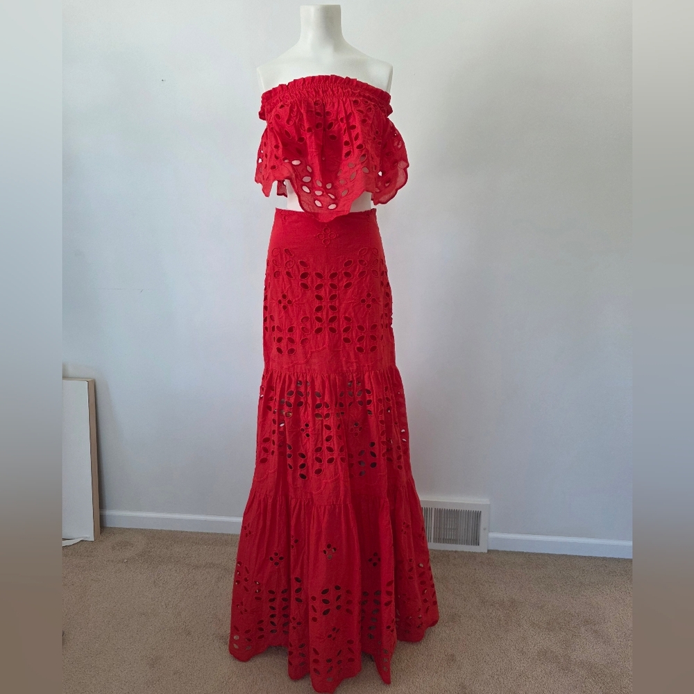 Luxxel Red Eyelet Two-Piece Maxi Skirt Set Size M
